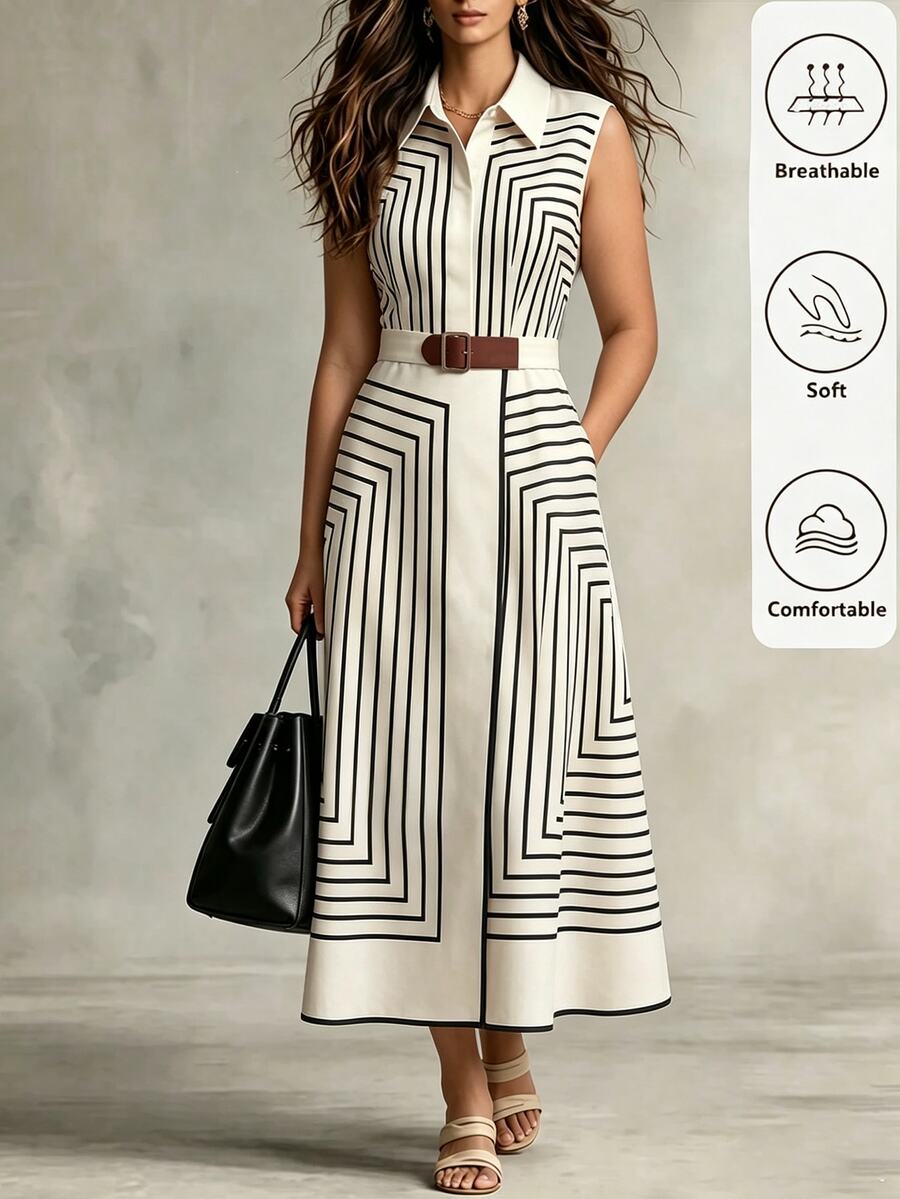 Linhara CURVE Women's Apricot Geometric Striped Sleeveless Shirt Dress ...