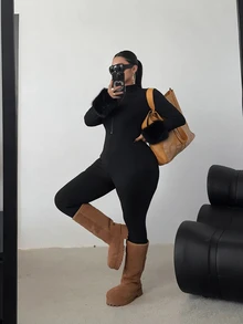 POPSWAY Plus Size Black Long Sleeve Long Pants Jumpsuit With Front Zipper, Waist-Cinching Slim Fit, Minimalist Solid Color Versatile Everyday Jumpsuit - Black - View 3