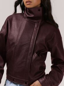 MUSERA Fitted High Neck Asymmetric Popper Biker Jacket Night Out Winter Back To School Everyday Outerwear Party Elegant Evening Spring Day Fall Autumn - Burgundy - View 2