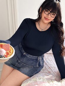 CovetEZ 海軍藍大尺碼純色長袖緊身連身衣 - 藏蓝色 - 查看 3
