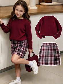 Elladie kids 少女美式學院風服飾套裝，紋理長袖T恤上衣與配套鈕扣裙 2件套搭配組合 - 酒紅色 - 查看 4