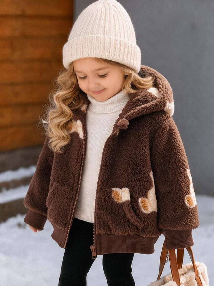 SHEIN LMoss Kids 女嬰休閒純色可愛愛心圖案毛茸茸連帽冬季外套 - 棕色 - 查看 1