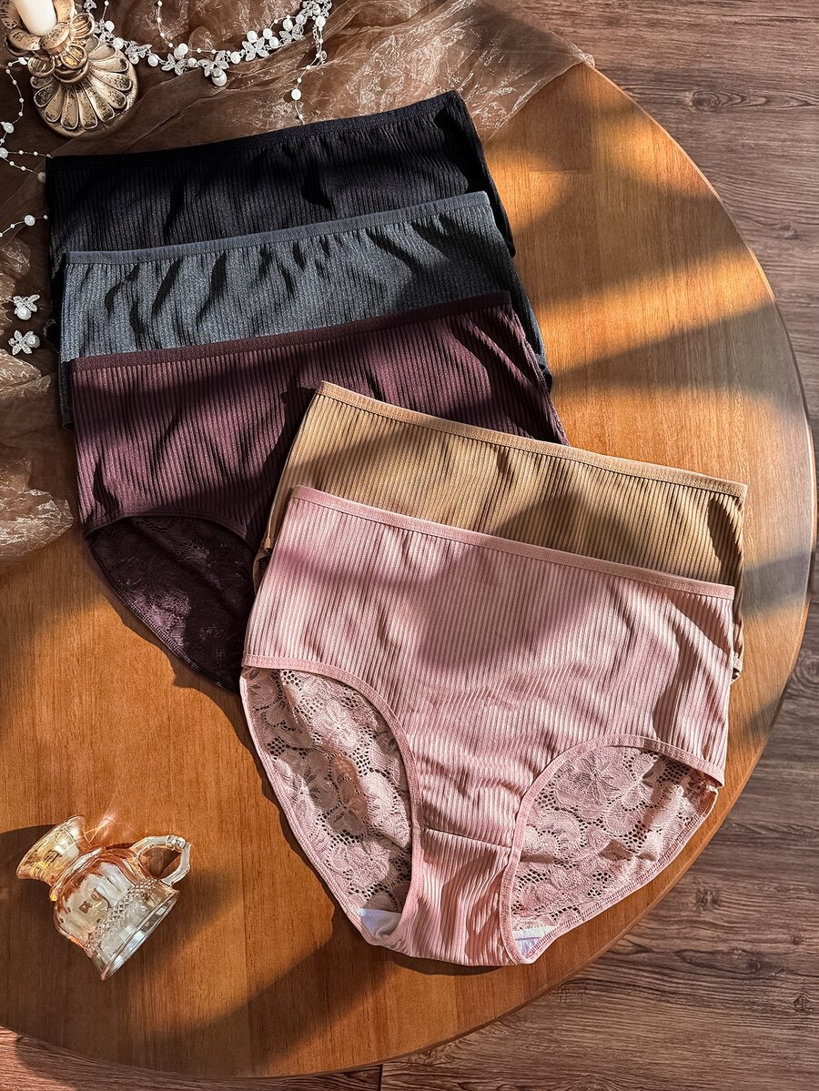 Divavoom Celana Dalam Wanita Ukuran Besar Warna Polos dengan Renda Kontras, Modis, Nyaman, 5pcs/Pack - MultiWarna - View 1