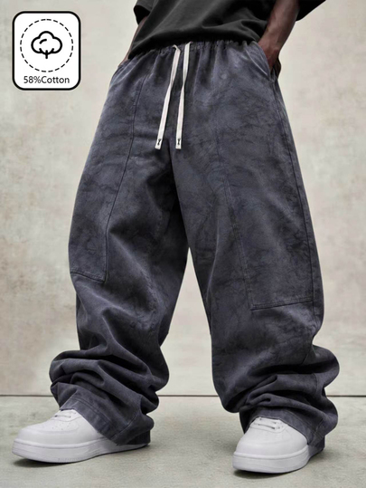 PAVTROS Men's Dark Gray Winter Street Style Loose Wide Leg Sweatpants, Washed Cotton Streetwear Joggers, Suitable For Urban Casual Wear, Minimalist Distressed Loose Fit Sweatpants