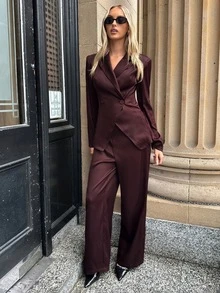 Aloruh Setelan Kerja Wanita Elegan, Warna Burgundy, 2 Potongan, Blazer Lengan Panjang dan Celana Panjang Warna Polos untuk Musim Gugur/Dingin - Burgundy - View 4