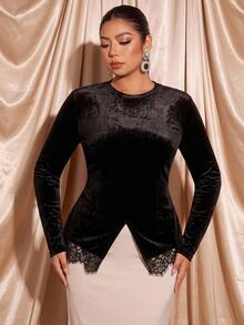 Cravure French Vintage Elegant Fashion Casual Commute Velvet Lace Patchwork Split Hem T-Shirt - Black - View 3