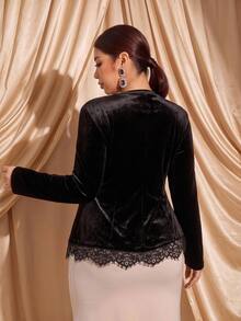 Cravure French Vintage Elegant Fashion Casual Commute Velvet Lace Patchwork Split Hem T-Shirt - Black - View 2