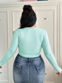 Plus Size Women's Solid Color Casual Daily Long Sleeve Bodysuit - Teal Blue - View 2