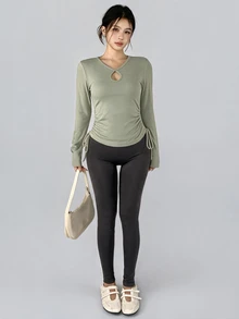 DAZY Women's Solid Color Pleated Casual Daily Long Sleeve Sports T-Shirt - Mint Green - View 7