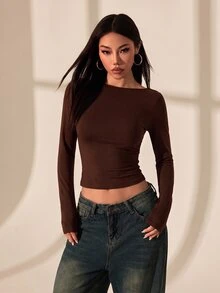 SHEIN PETITE 露背蕾絲拼接女款T恤上衣，性感約會穿搭，適合夏季 - 咖啡棕 - 查看 2