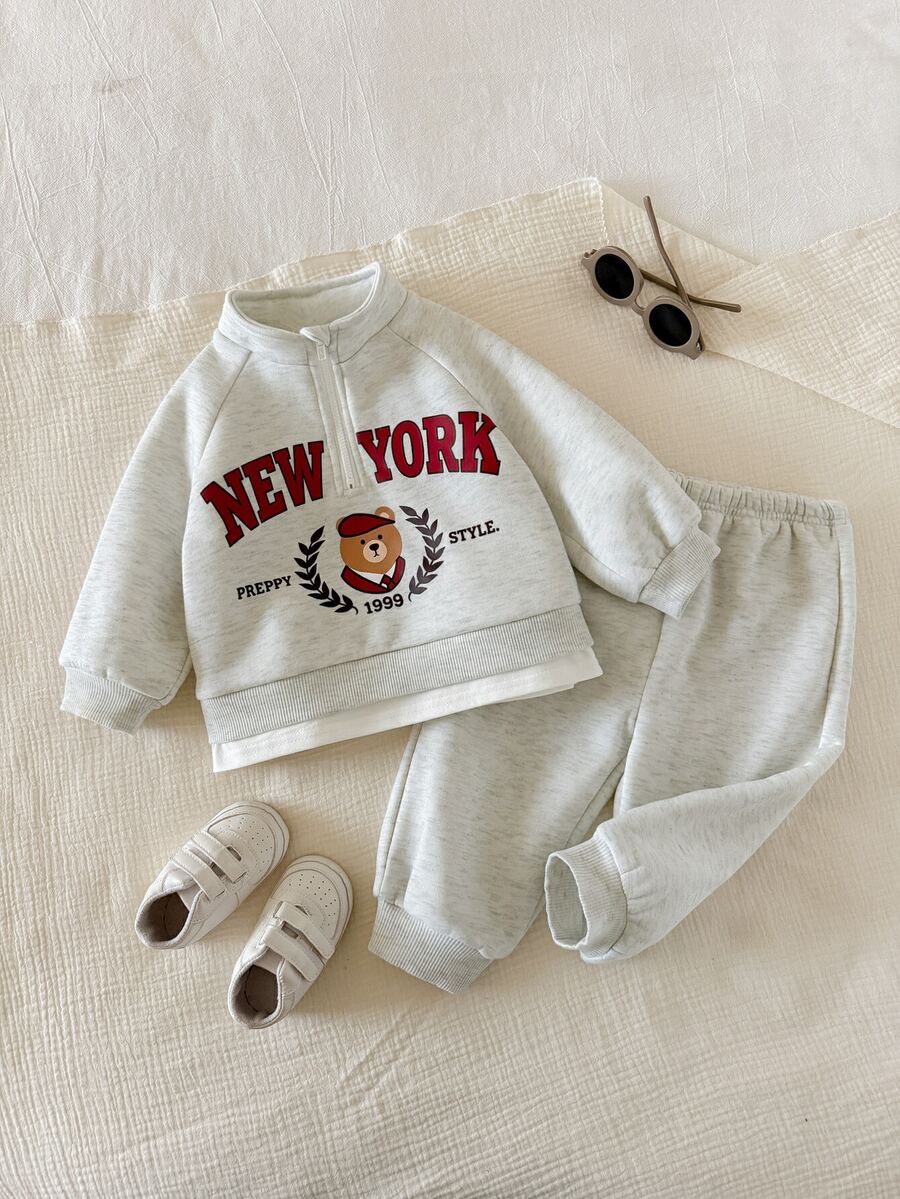 SHEIN 中性嬰兒男/女童 幼兒 2件組 秋冬抓絨內裡加厚休閒可愛 2合1立領衛衣套裝 嬰兒冬季套裝 聖誕 運動服 慢跑褲 - 淺灰色 - 查看 1