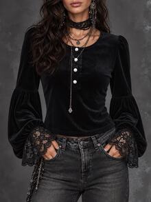 LUMIGAL Women's Black Velvet Contrast Lace Trim Blouse - Black - View 1