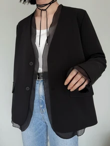Dazy Tall Women's Early Autumn New Korean Style Patchwork Sheer Lightweight Fabric Blazer - Black - View 5
