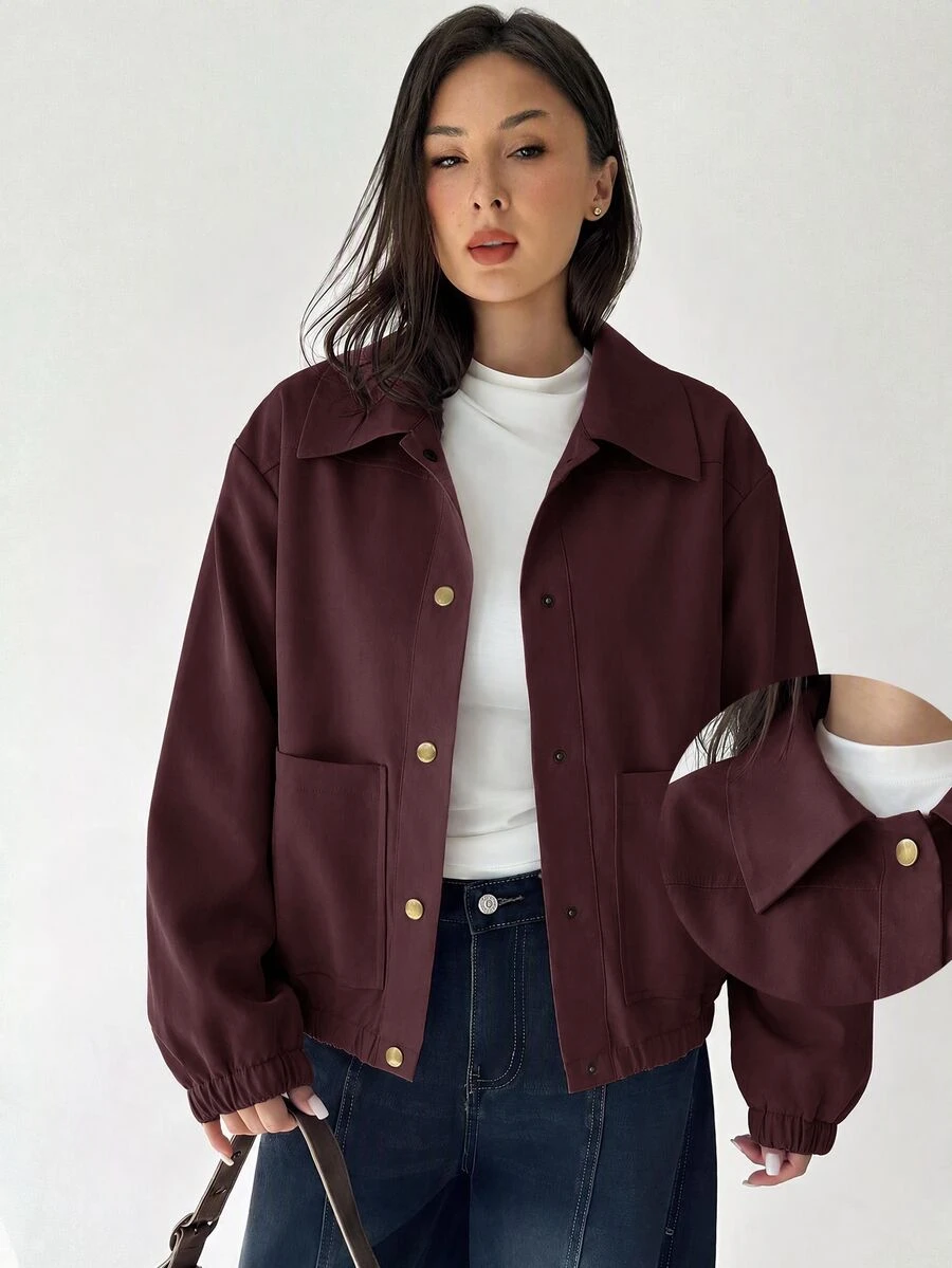 Aloruh Women's Solid Color Long Sleeve Single-Breasted Casual Jacket - Maroon - View 1