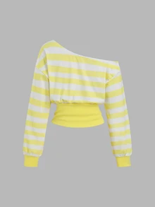 Sweetra Striped Asymmetric Shoulder Long Sleeve Pullover Sweatshirt For Women - Yellow - View 2