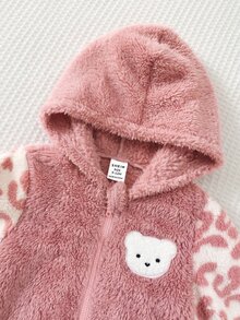 SHEIN Baby Girl Cartoon Embroidery Patchwork Leopard Print Long Sleeve Zipper Front Fleece Hooded Winter Jacket And Pants Set Autumn - Burgundy - View 3