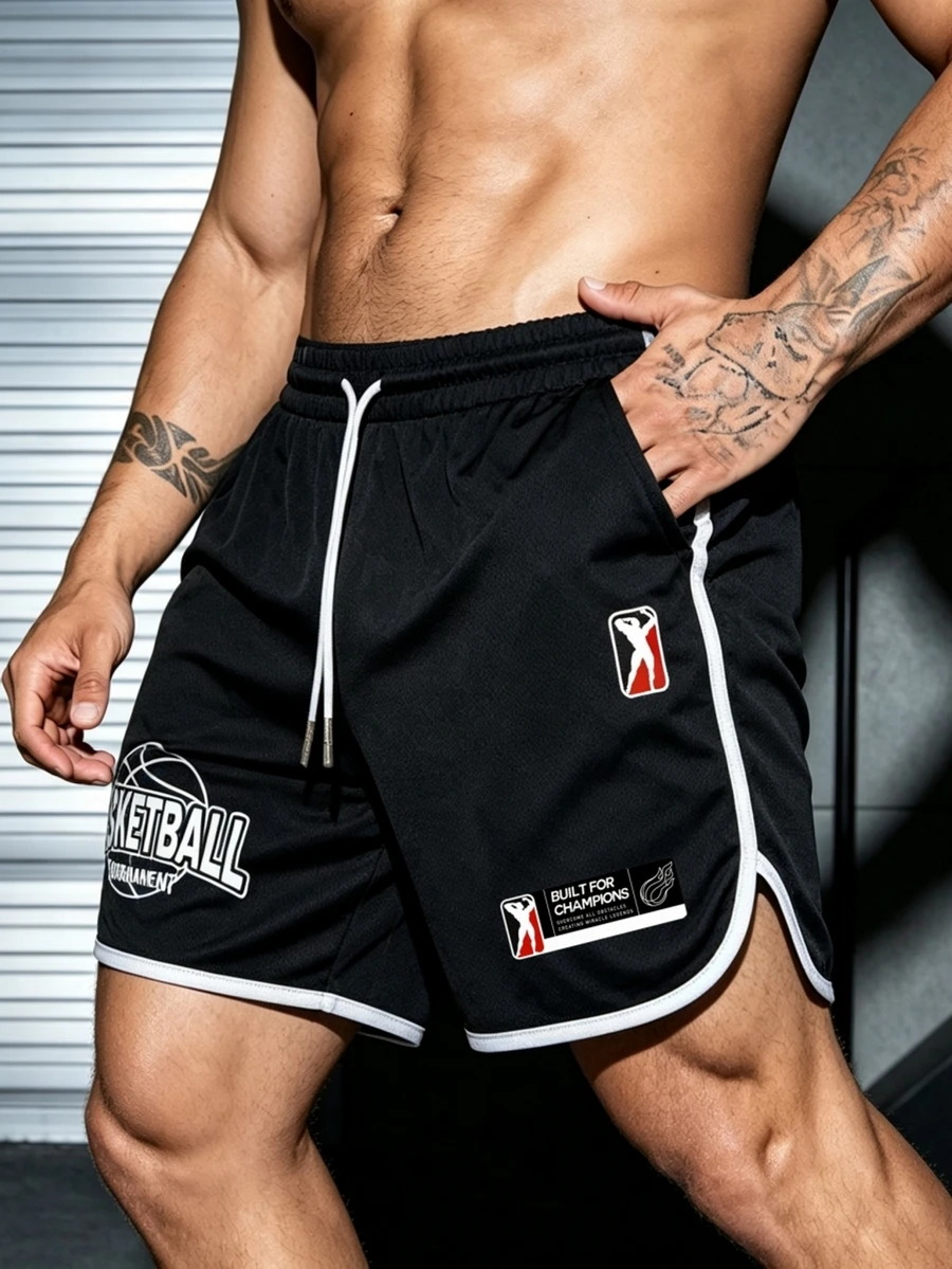 Sport MetroGents Men's Letter Print Drawstring Waist Pocket Sports Shorts - Black - View 1