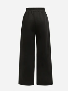 SHEIN Tween女孩秋冬休閒街頭時尚運動長褲，百褶腰頭、彈性抽繩、側邊口袋與寬鬆褲管設計，適合返校與日常穿著，百搭黑色長褲 - 黑色 - 查看 4