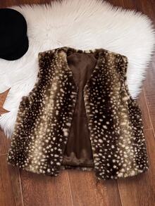 SHEIN EZwear Women's Brown Animal Print Faux Fur Vest - Coffee Brown - View 11