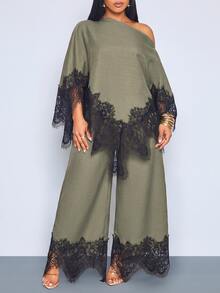 SOLERSUN Plus Size Women's Asymmetric Hem Contrast Lace Asymmetrical Shoulder Blouse And Wide Leg Pants Elegant 2 Pieces Set Fall Cocktail Brunch Olive Green - Army Green - View 7