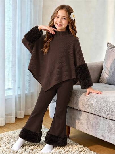 Tween Girl) Spring/Autumn/Winter Casual T-Shirt Set, Design-Inspired Asymmetrical Pullover High Neck Knitted Ribbed Brushed Fabric Khaki Solid Color Long Sleeve T-Shirt Top Paired With Khaki Casual Flared Long Pants, 2 Pieces Set Suitable For Spring/Autumn/Winter Back To School Season, Elegant Lady Minimalist Commute High-End Outfit For Daily School, Outings, Vacations, And Parties