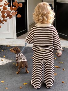 SHEIN Baby Girl Thick Elastic Ribbed Half-Zip Pullover Top And Straight Leg Thick Pants, Suitable For Winter - Brown - View 6
