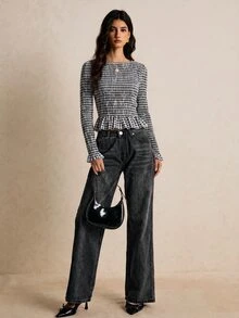 Poéselle 女款秋冬新款棉混紡黑白格紋抓皺彈性襯衫，休閒復古優雅街頭風，適合辦公室日常約會通勤上衣 - 黑色 - 查看 3