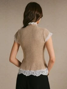 Poéselle Women's Contrast Lace Stand Collar Cap Sleeve Elegant Knit Top - Apricot - View 7