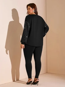 Easowa Curve Plus Size Women's Rhinestone Long Sleeve Top And Pants Casual Daily 2 Pieces Set - Black - View 2