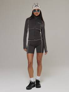 Musera Sport Contrast Colour Piped Fitted Cinched Zip Through BBL Style Coord Jacket Active Outdoors Workout Gym Terra Peak - Black - View 3