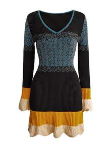 LUMIGAL Vintage Retro 2000s Boho V-Neck Colorblock Knit Sweater Dress, Ruffle Hem, Slim Fit Brunch Black Fall - Black - View 3