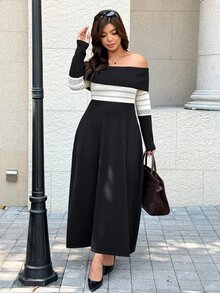Easura Plus Size Off-Shoulder Jacquard Knit Waist-Cinching Midi Dress - Black - View 6