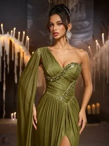 Glamrae Elegant Olive Green Satin Chiffon Glitter Rhinestone Beaded One Shoulder Draped Ruched Cape Slit Train Wedding Guest Prom Ball Autumn Evening Gown - Mustard Yellow - View 2