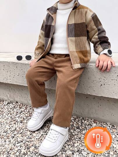 SHEIN Genkimix Kids Toddler Boys 2pcs Set Boys' New Gentleman Casual Stand Collar Plaid Wool Zipper Jacket With Cuffed Sleeves And Hem Paired With Corduroy Long Pants