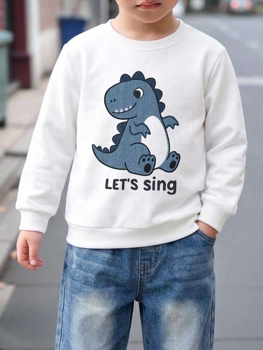SHEIN Baby Boy White Dinosaur Print Crew Neck Long Sleeve Pullover Sweatshirt, Versatile And Comfortable, College Sports Casual, Suitable For Spring, Summer, Autumn And Winter - White - View 1