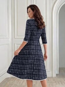 Medorina Women's Plaid Round Neck 3/4 Sleeve Elegant Mid-Length Dress - Navy Blue - View 2