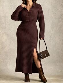 Linhara CURVE Autumn/Winter Plus Size Ribbed Knit Long Dress, Turn-Down Collar, Side Slits, Slimming Long Sleeve Polo Dress - Brown - View 6