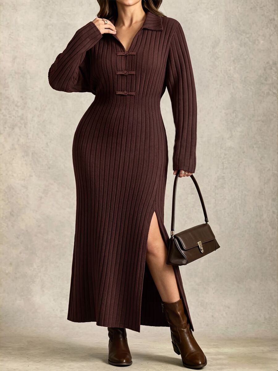 Linhara CURVE Autumn/Winter Plus Size Ribbed Knit Long Dress, Turn-Down Collar, Side Slits, Slimming Long Sleeve Polo Dress - Brown - View 1