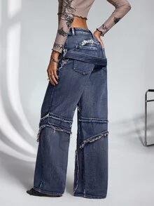 SHEIN PETITE Women's Frayed Hem Casual Versatile Everyday Jeans - Blue - View 2