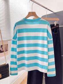 SHEIN Kaos Lengan Panjang Bergaris Horizontal Colorblock untuk Anak Perempuan, Pink, Cokelat, Aprikot, Patchwork Tiga Warna, Kerah Bulat, Bahu Jatuh, Longgar, Ukuran Besar, Atasan Pullover Santai, Gaya Preppy, Musim Semi/Gugur, Kasual Sehari-hari, Lapisan Dasar - Biru - View 2