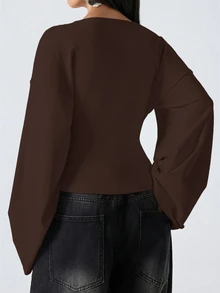 LYSMO 95% Cotton Bell Sleeve Women's Top, Solid Brown, Suitable For Spring And Autumn - Brown - View 2