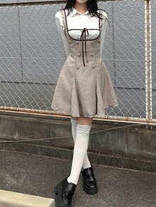 FRIFUL Women's Low-Cut Double-Row Denim Design Casual Suspenders Short Dress - Khaki - View 7