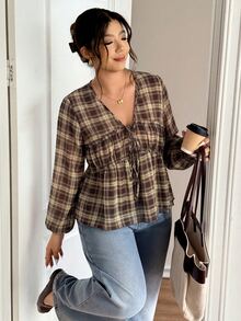 Lounesse Plus Size Women's Plaid Front Tie Long Sleeve Casual Shirt - Brown - View 4