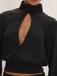 MUSEYN Black Chiffon Key Hole Detail Tie Long Sleeve Top Versatile Everyday Date Night Chic New Season Fall - Black - View 6
