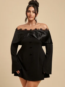SHEIN BAE CURVE فستان نسائي مقاس كبير باللون الأسود بأكمام قصيرة وأكمام طويلة - الأسود - مشاهدة 4