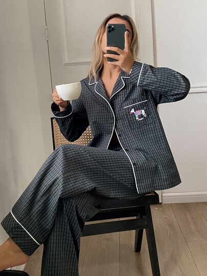 DAZY Women's Plaid Colorblock Long Sleeve Top And Pants Casual Daily Home Sleepwear Set
