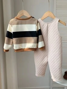SHEIN 中性嬰兒男嬰/女嬰、幼兒 2 件組秋冬抓絨加厚可愛條紋運動衫套裝，小狗圖案吊帶褲套裝，嬰兒冬季衣物，聖誕 - 鏽棕色 - 查看 2
