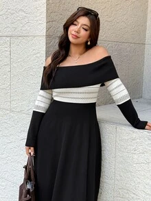 Easura Plus Size Off-Shoulder Jacquard Knit Waist-Cinching Midi Dress - Black - View 1