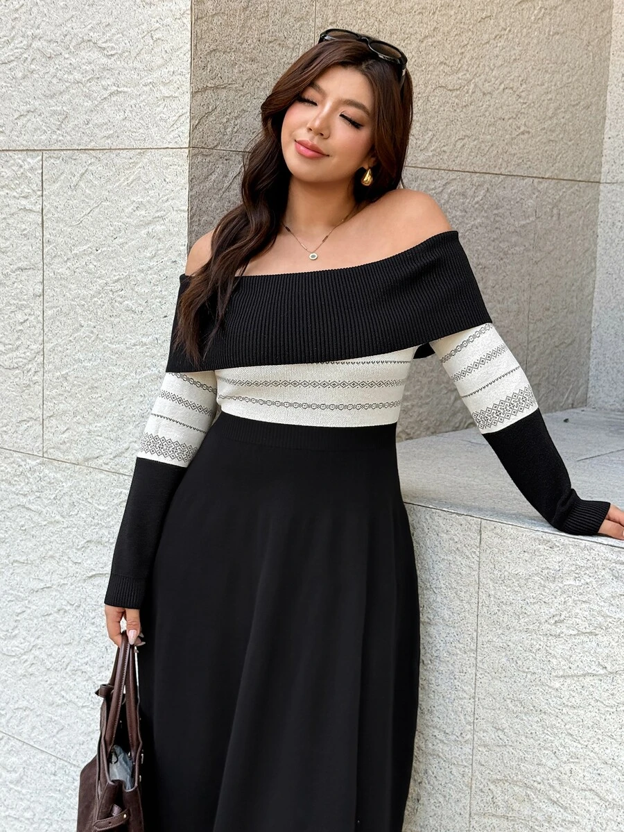 Easura Plus Size Off-Shoulder Jacquard Knit Waist-Cinching Midi Dress - Black - View 1