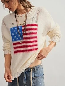 Bohemela Suéter de mujer de moda con efecto desgastado y jacquard para vacaciones y días festivos - Beis - Ver 2
